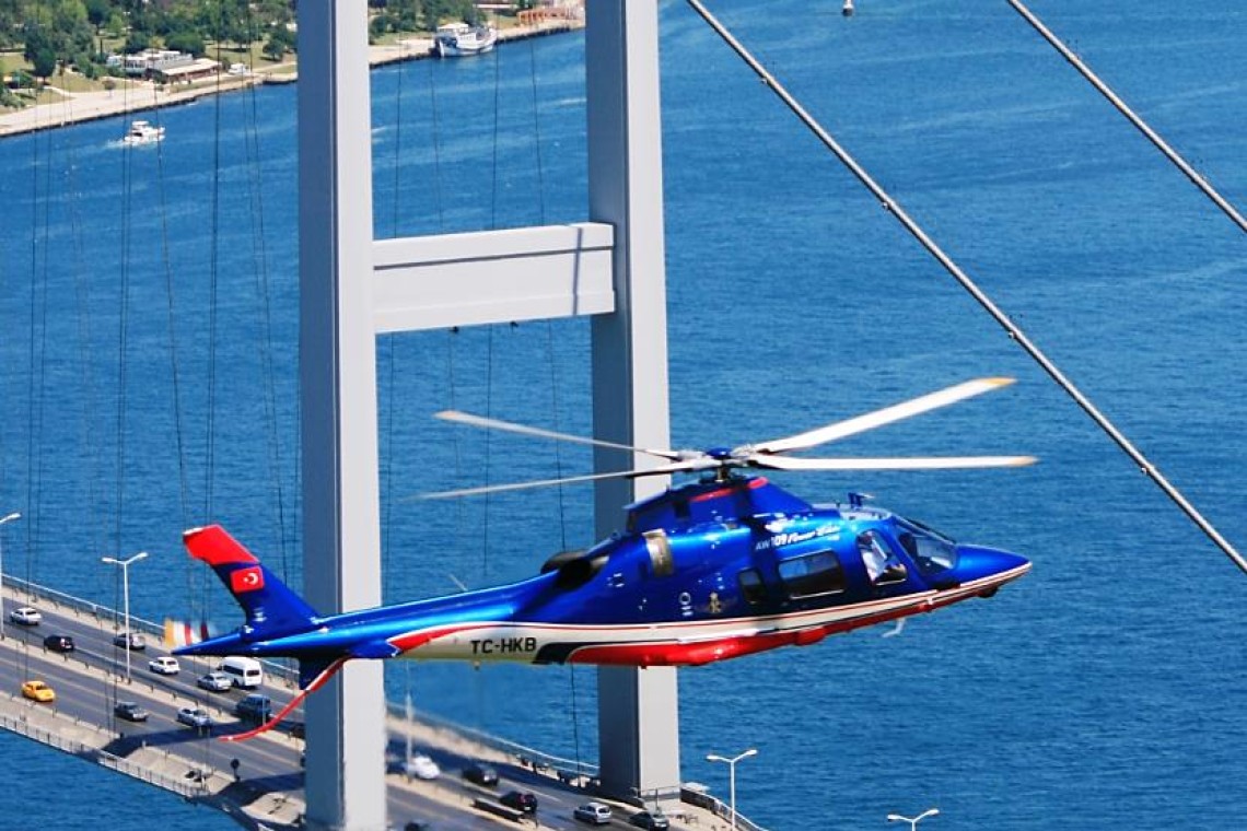 Blue helicopter on a scenic flight