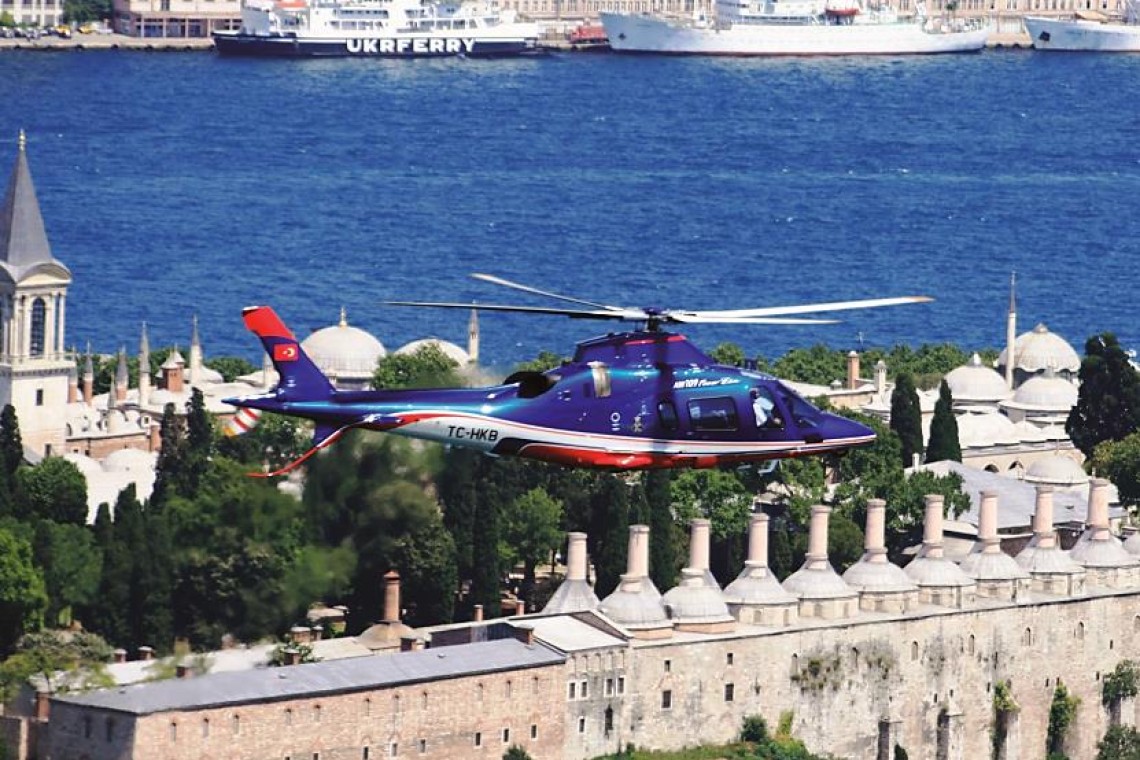 Helicopter mid-flight against the sky